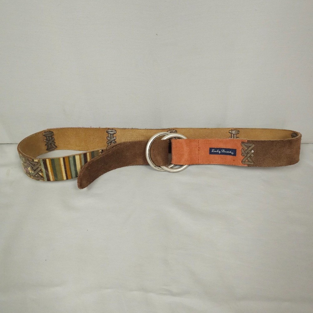 Vintage Lucky Brand Leather Belt Women 30 Inch Length Leather Corduroy Patchwork - Picture 2 of 15